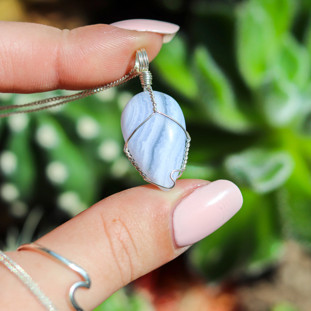 Blue Lace Agate 925 Sterling Silver Crystal Necklace