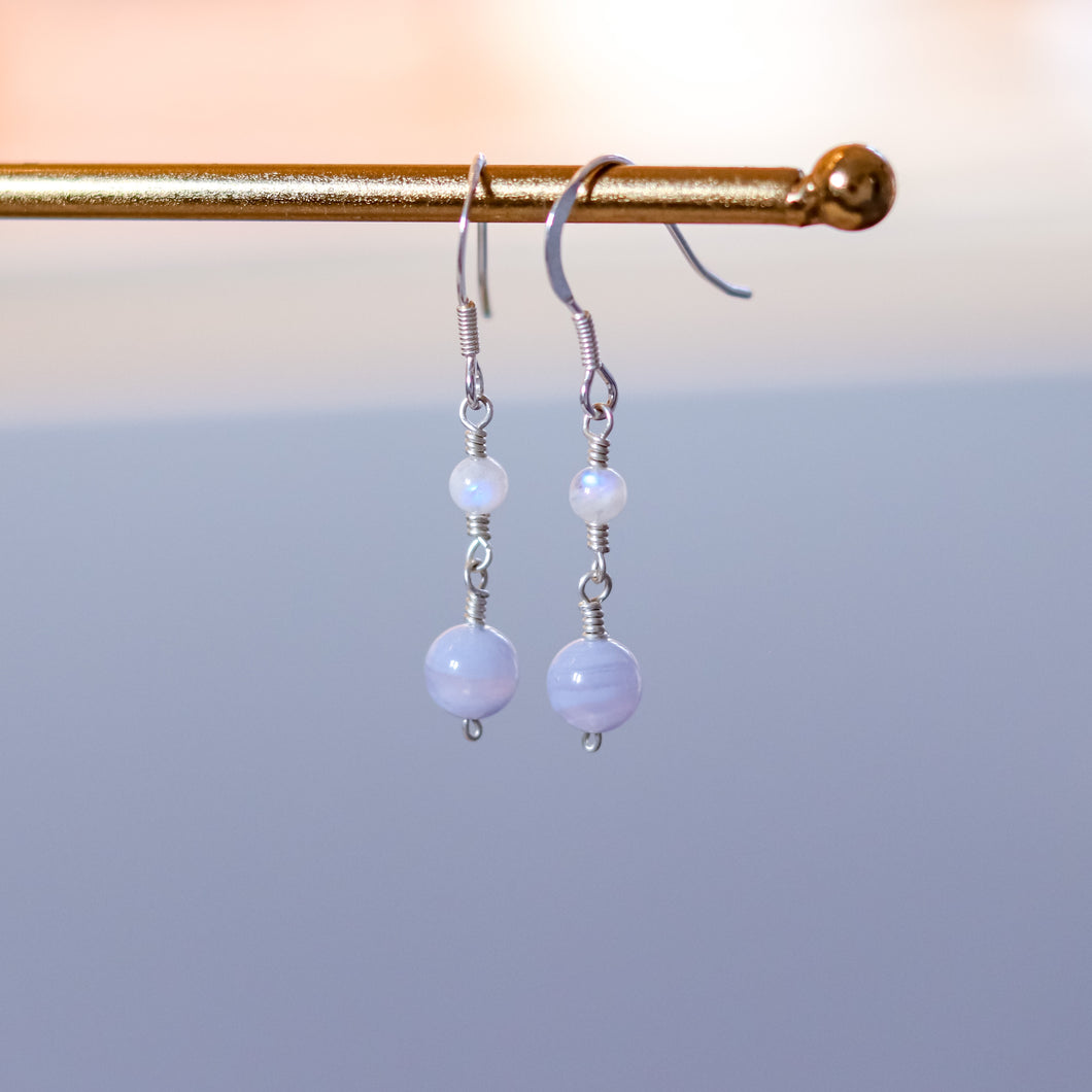 Blue Lace Agate & Rainbow Moonstone Sterling Silver Earrings