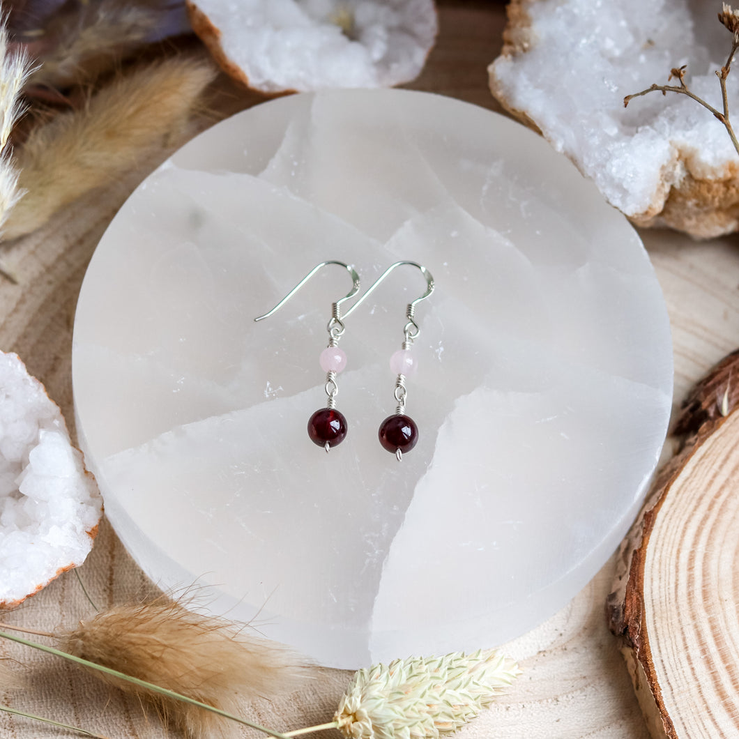 Rose Quartz & Garnet Sterling Silver Earrings