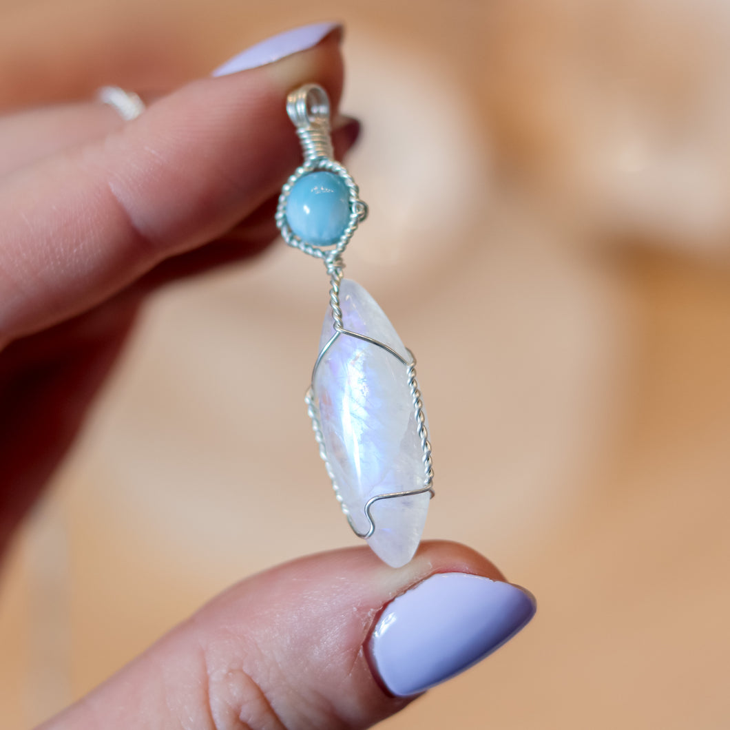 Rainbow Moonstone & Larimar Sterling Silver Necklace